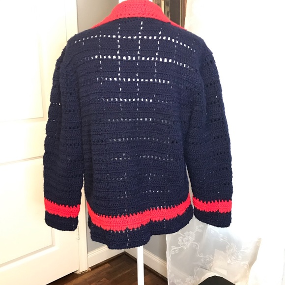Navy Blue & Red Knit Cardigan SZ S/M - Picture 6 of 7